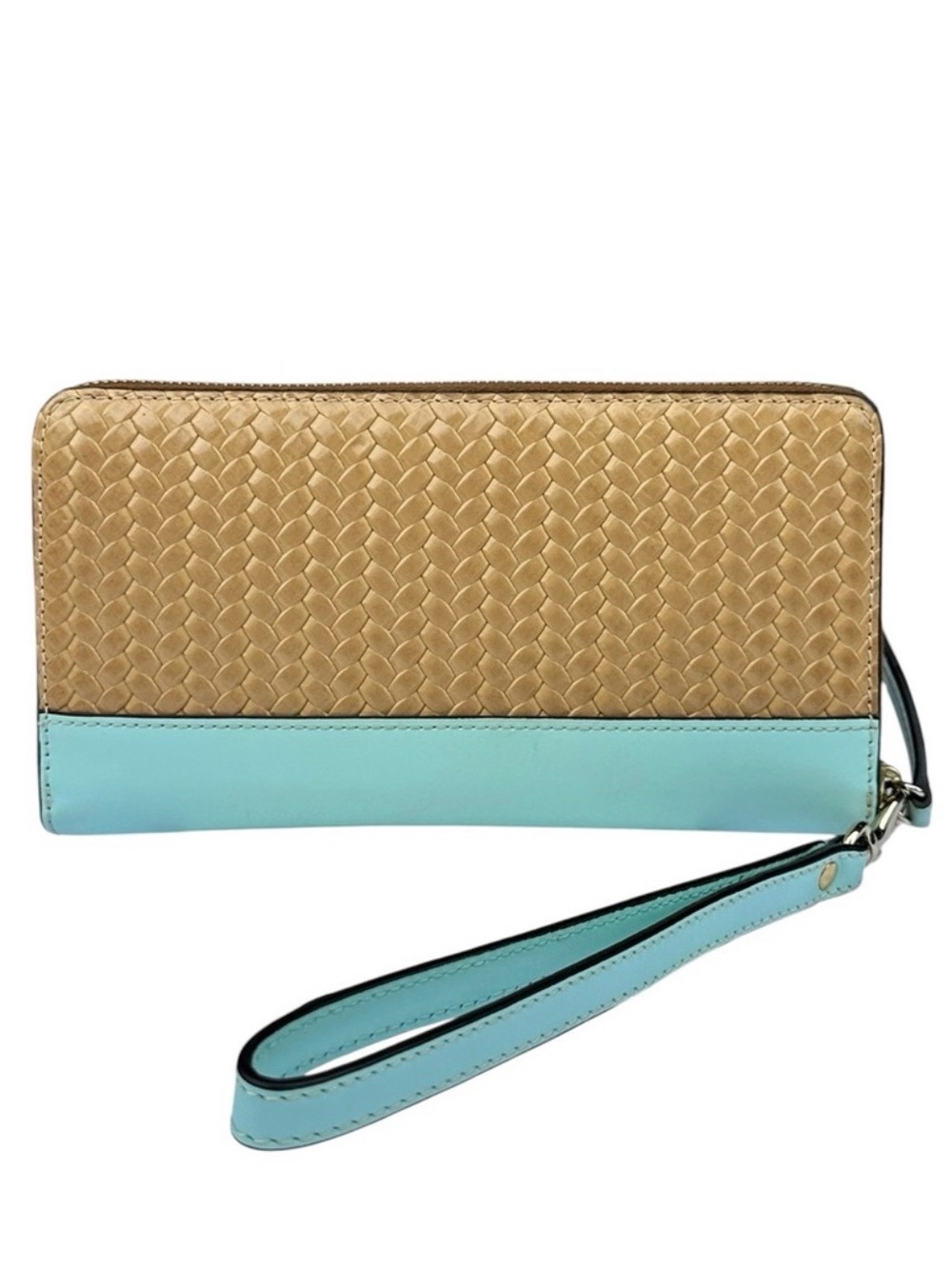 Dooney & Bourke Woven Embossed Leather Zip Around Wristlet Wallet in Mint Tan - Picture 2 of 5